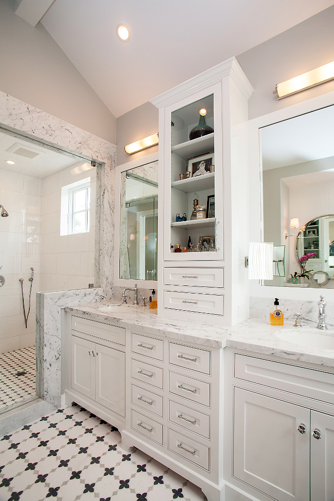 White marble bathroom countertop. White cabinet bathroom with white marble countertop. White marble countertop is Venatino Marble. #VenatinoMarble #Bathroom #MarbleCountertop #countertop #whitebathroomcabinet Patterson Custom Homes