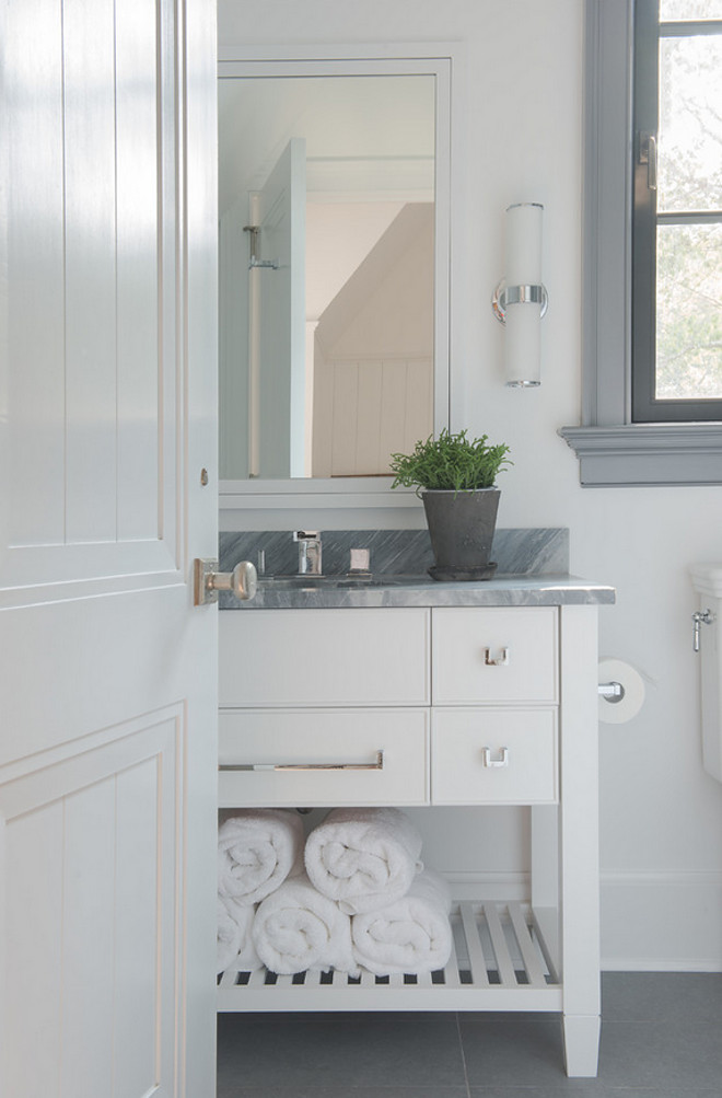 Bardiglio Marble Countertop. The vanity and wall paint color is Benjamin Moore Super White. Bathroom with Gray Countertop. Bathroom countertop is Bardiglio Marble. #BardiglioMarble #Bardiglio #Marble #Countertop #Bathroom Brooks and Falotico Associates, Inc.