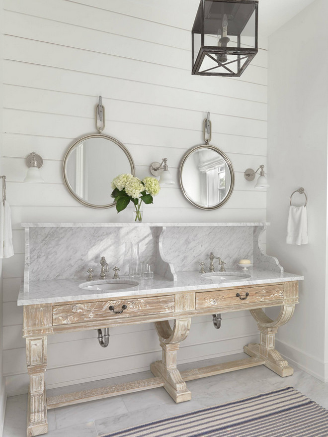 Bathroom vanity. Bathroom white washed wood vanity with marble. Bathroom white washed wood #Bathroom #whitewashedwood Amy Studebaker Design