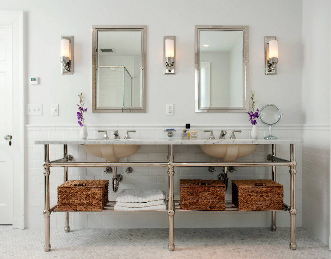 Bathroom washstand. Bathroom double sink washstand. Bathroom double sink washstand design. Bathroom double sink washstand with marble top. #Bathroom #doublesink #washstand CW Design, LLC
