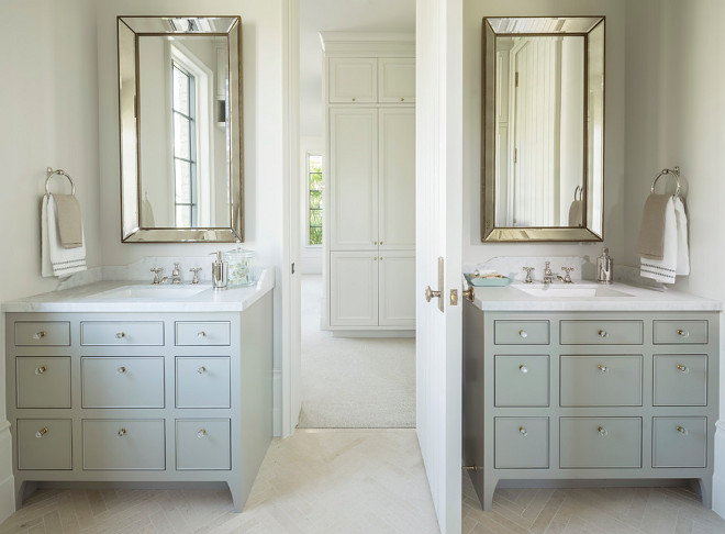 Bathroom with double cabinets painted in a soft shade of gray. #bathroom #cabinets #softgray Jackson and LeRoy