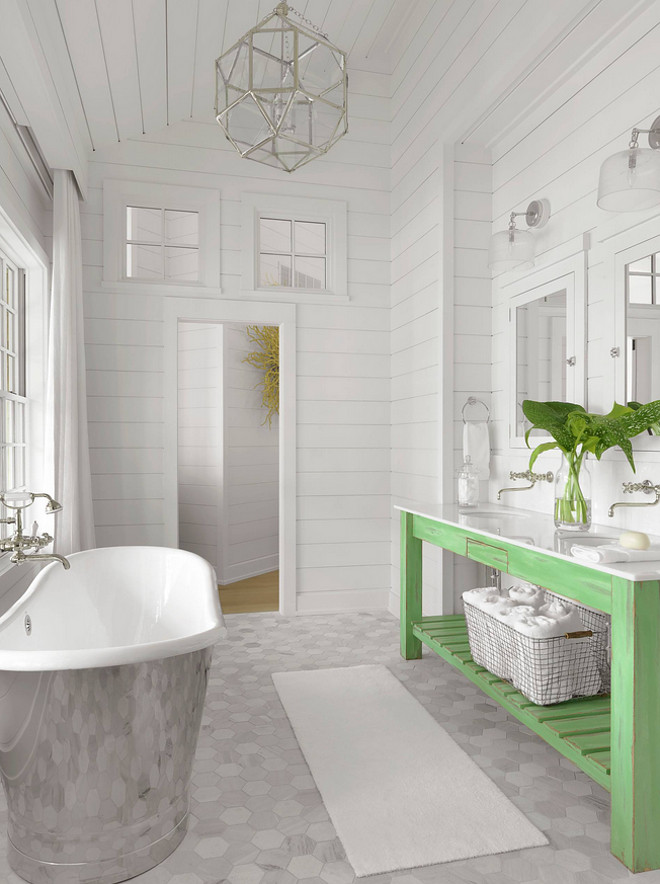 Bathroom. Beach style bathroom with distressed freestanding vanity and large hex floor tiles. #Bathroom #Beachstylebathroom #distressedvanity #freestandingvanity #largehextile #floortiles