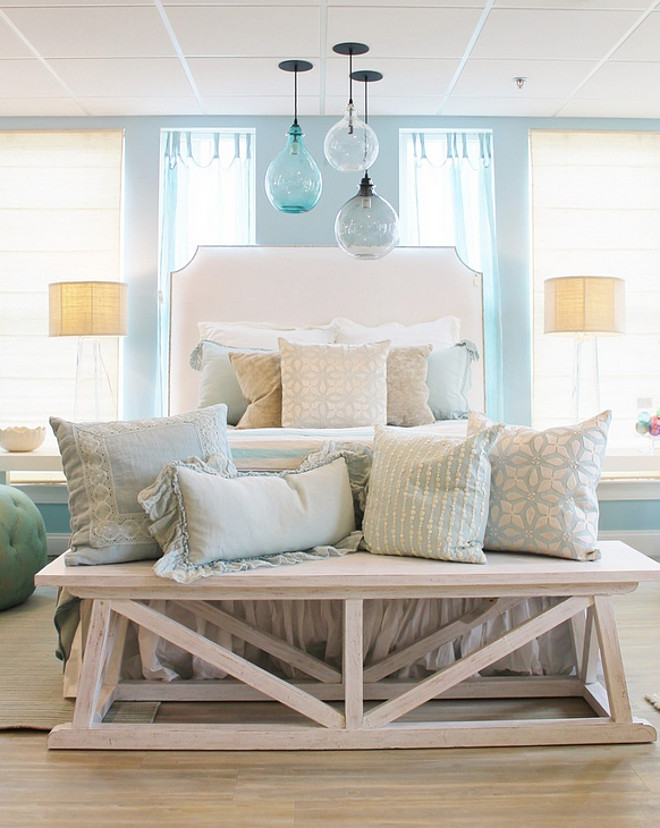 Bedroom. Coastal bedroom. Bedroom. Coastal bedroom. Bedroom. Coastal bedroom with turquoise and light blue decor. #Bedroom #Coastal bedroom Welch Company Home + Design