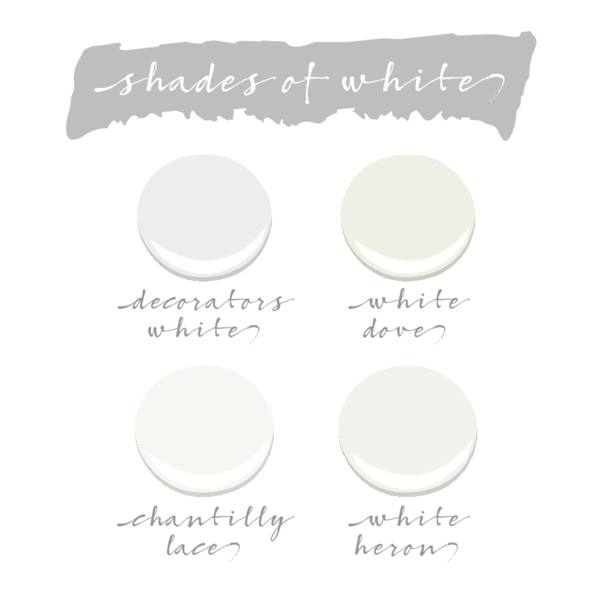 Best Shades of White. Benjamin Moore Decorators White. Benjamin Moore White Dove. Benjamin Moore Chantilly Lace. Benjamin Moore White Heron. #BenjaminMooreWhites #paincolor