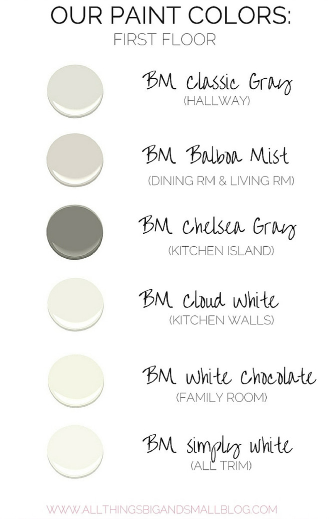 Complete House Color Palette Via All Things Big and Small. Benjamin Moore Classic Gray. Benjamin Moore Balboa Mist. Benjamin Moore Chelsea Gray. Benjamin Moore Cloud White. Benjamin Moore White Chocolate. Benjamin Moore Simply White. #Paintcolors Via All Things Big and Small