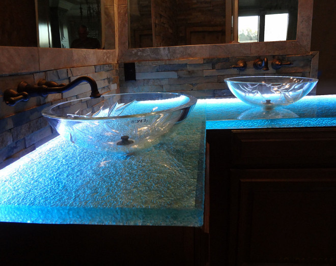 Glass Bathroom Countertop. This entire bathroom was designed by CBD Glass featuring a backlit LED countertop with melting ice texture.