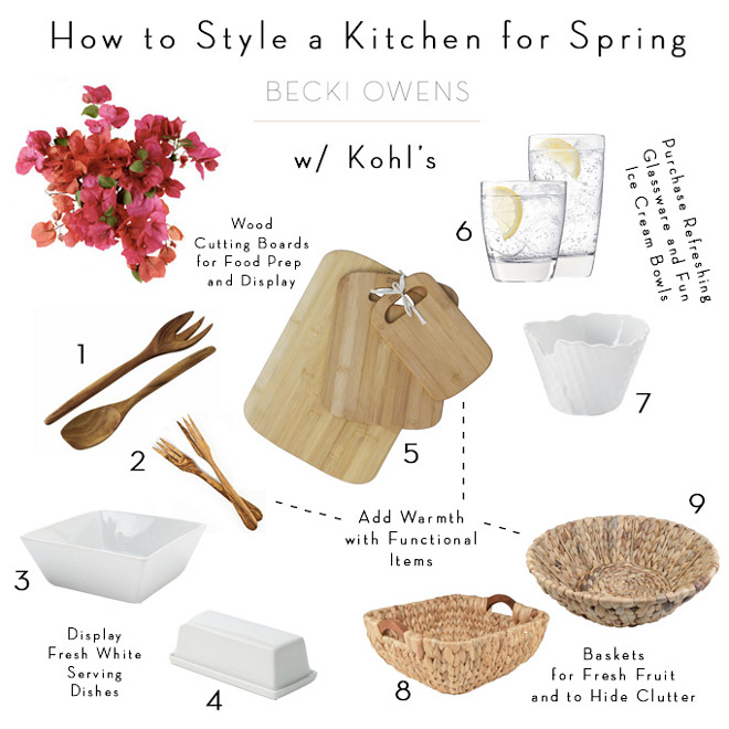 How to Style a kitchen for spring and summer. Light decor, natural elements and lots of fresh flowers. Via Becki Owens