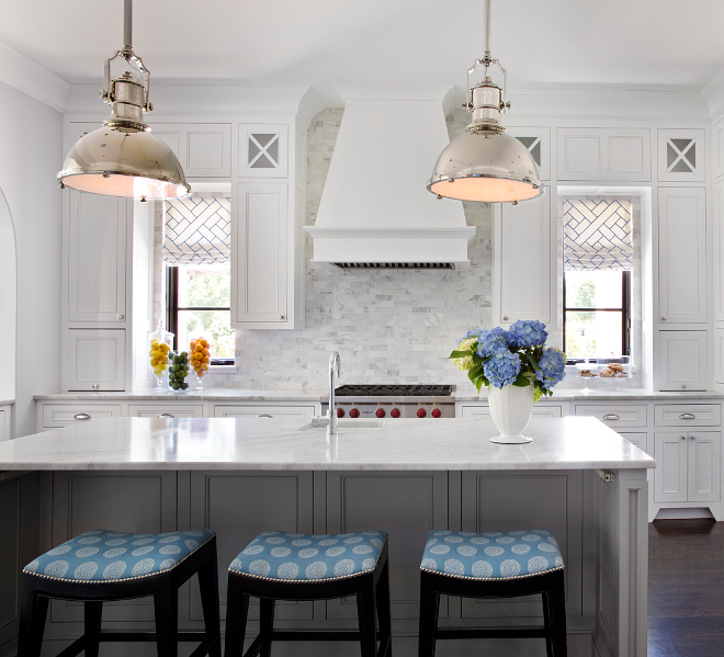 Kitchen Lighting. Kitchen lighting over island. The kitchen lighting are the Country Industrial Pendants from Visual Comfort - $1,470.00 each. #kitchen #lighting #kitchenlighting #pendants #CountryIndustrialPendants TS Adams Studio Architects. Traci Rhoads Interiors.