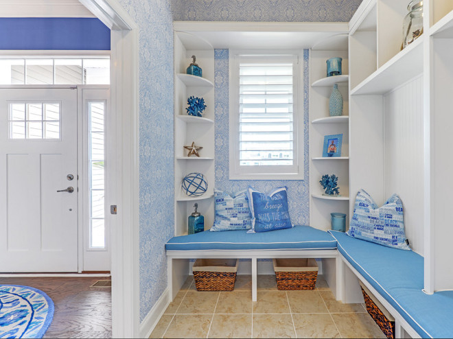 Mudroom off the entry. Blue and white Mudroom off the entry. Coastal mudroom off the entry #Mudroomofftheentry #Mudroom Schell Brothers