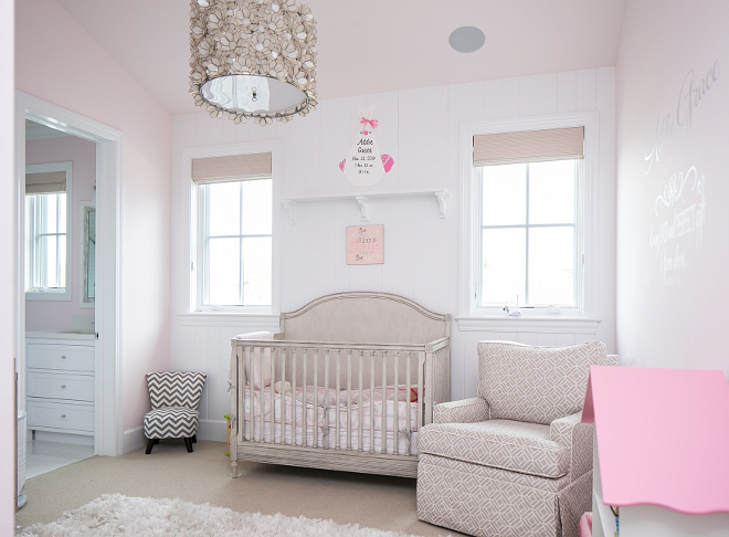 Pale Pink Nursery. I'm loving this pale pink and grey palette with a white shag rug. Isn't this nursery perfect? Churchill Design. 