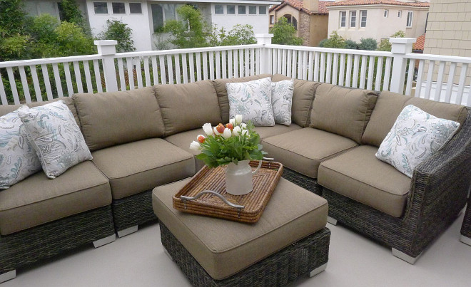 Patio sectional. A large sectional adds comfort and style to this balcony. #sectional #patio #balcony #outdoors Patterson Custom Homes