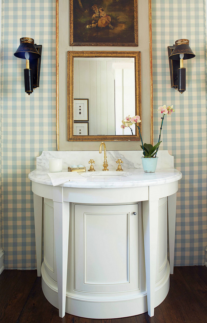 Powder Room Vanity. The powder room features a demilune vanity. Powder Room Circular Vanity. Powder Room Vanity Design #PowderRoom #Vanity Cantley & Company, Inc.