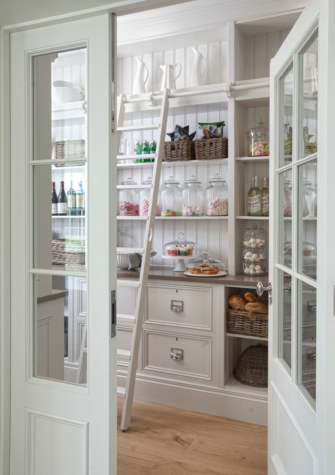 Kitchen pantry ladder. Kitchen Pantry. Kitchen Pantry Ideas. This has to be one of the most beautiful pantries out there! The pantry features drawers with open shelving above quartz countertop with tongue and grooved panelling. Notice the stunning ladder and rail. #kitchenPantry #pantry #kitchen #pantry #ladder Hayburn & Co. 