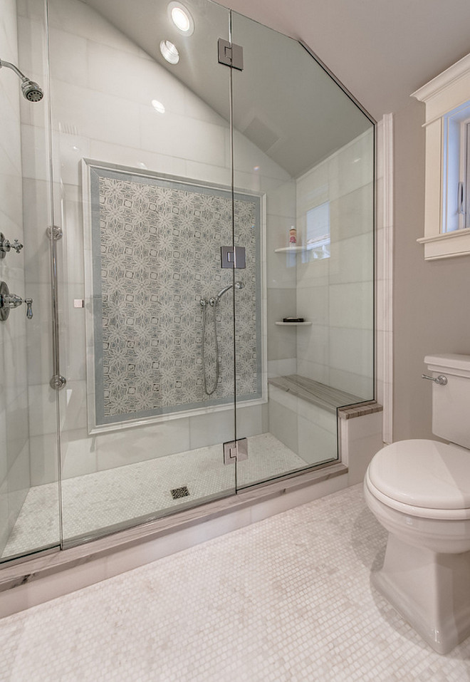Shower Accent Tile. Walk in Shower features gray geometric accent tiles over a shower bench. Walk in Shower. Gray geometric accent tile. Shower bench. #Walkin #Shower #Graygeometricaccenttile #accenttile #Geometrictile #Showerbench