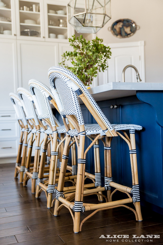Navy Riviera Stools from Serena and Lily. Handcrafted of sustainable rattan and woven plastic seat, the Navy Riviera Stools from Serena and Lily add a coastal and relaxed feel to this kitchen island. #Navy #RivieraStools #SerenaandLily #kitchen #stools #countertstools #barstools #kitchenstool