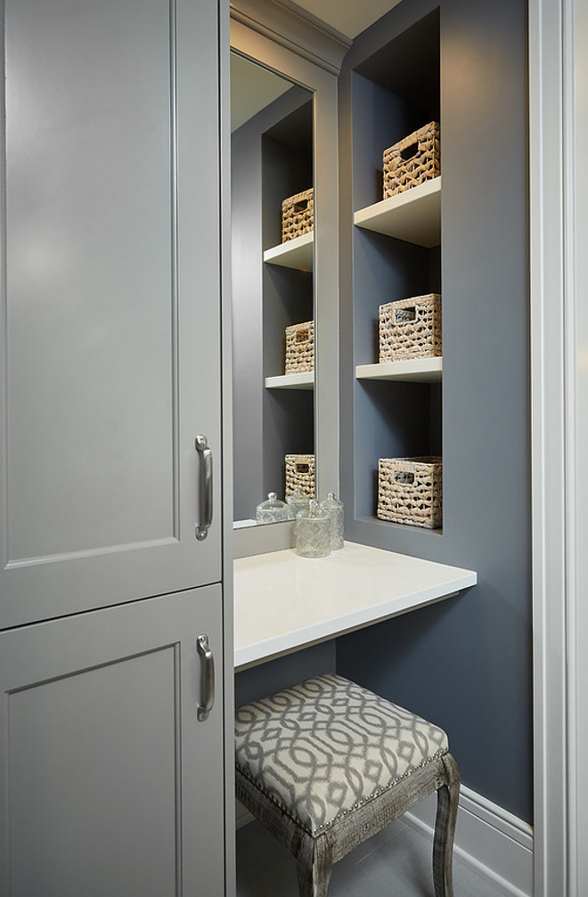 Small Bathroom Vanity. Small Bathroom Vanity Make up table Ideas. Small Bathroom Vanity Ideas. Small bathroom with vanity area, make up table and tall cabinet. Adding storage to a small bathroom. #Smallbathroom #vanity #makeup #storage #cabinet Mike Schaap Builders