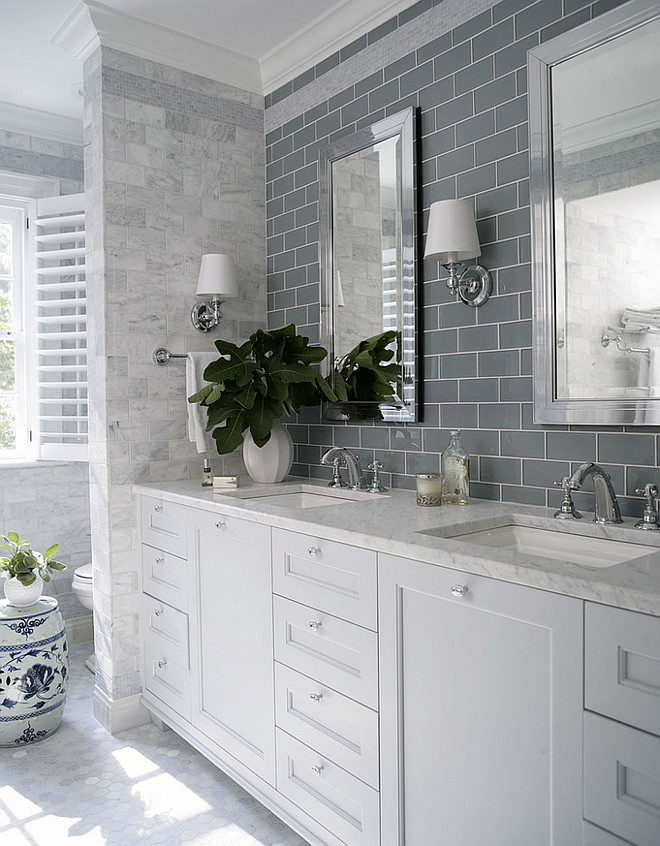 Bathroom Tile Combination. Bathroom Tile Combination. Bathroom Tile combination is hex floor tiles, grey glass subway tile and carrara marble wall tile. #bathroom #tile Heather Garrett Design