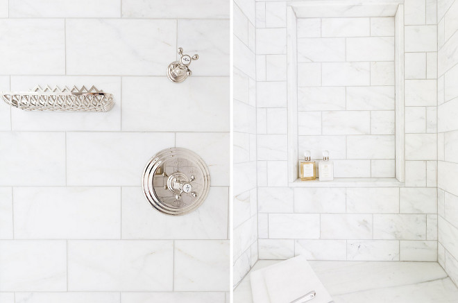 Bathroom. Bathroom features walk in shower features honed white marble tiles fitted with a tiled niche shelf placed over a marble shower bench. Shower also features polished nickel shower kit as well as a polished nickel soap dish mounted on the wall. Sarah Bartholomew Design