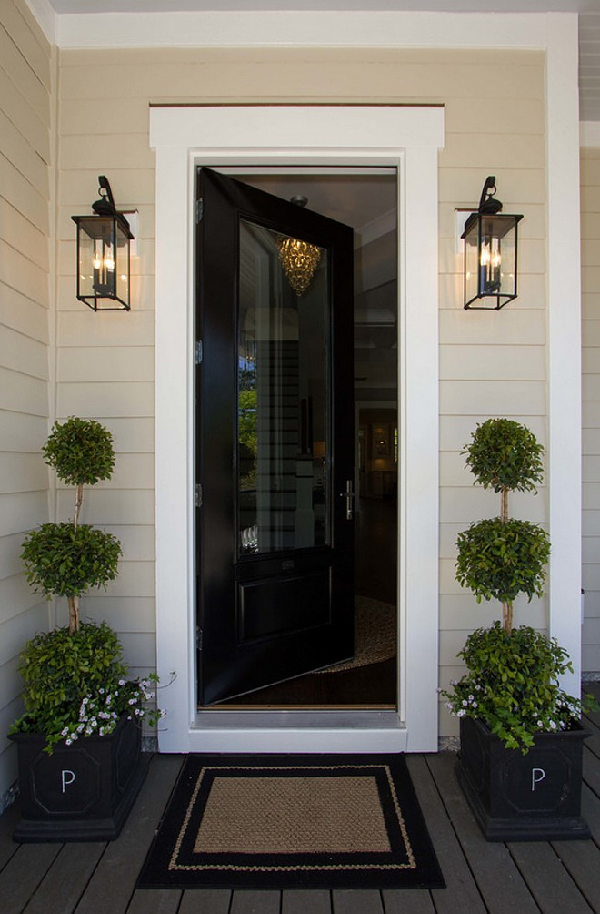 Benjamin Moore Jet Black. Black door paint color. Front entry with classic black door painted in Benjamin Moore Jet Black. #BenjaminMooreJetBlack plantation building corp