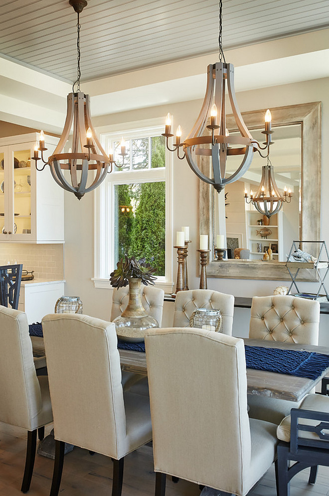 Dining Room Lighting. Dining room chandelier is "Wooden Wine Barrel Strave Chandelier" in Stormy Gray from Shades of Light. Affordable lighting for dining room. 