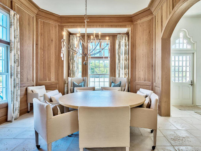 Dining Room Paneled walls. Oak paneling. Oak wood paneling detailed by architect Yong Pak line the dining room walls. #oak #paneling #paneledwalls #panels Scenic Sotheby's Realty. Interiors by Jan Ware Designs.