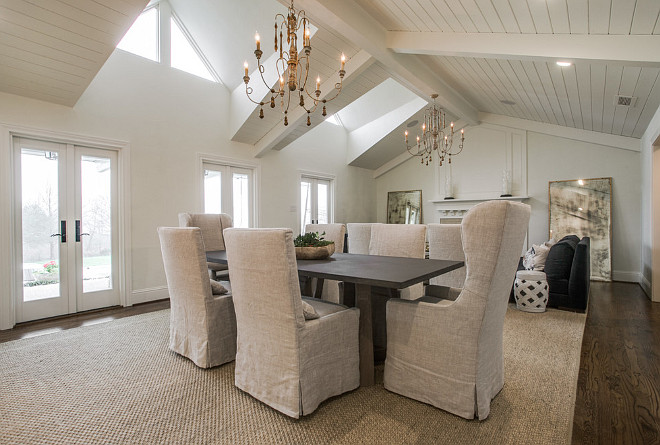 Dining room and living room with shiplap vaulted ceiling. Neutral Dining room and living room with shiplap vaulted ceiling. #Diningroom #livingroom #shiplapceiling #vaultedceiling Redo