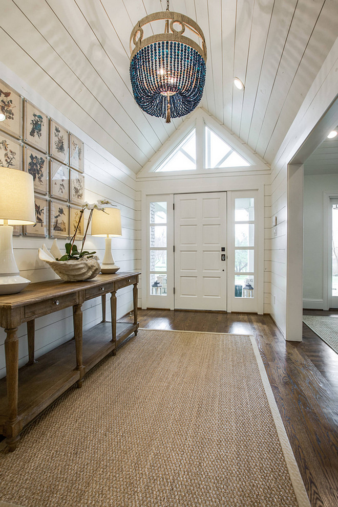 Foyer shiplap wall and shiplap ceiling. Foyer shiplap wall and shiplap ceiling dimensions. This foyer with shiplap measurements are: width is 6.5' wide and what is pictured is about 14' long, however, the foyer extends to the back of the house another 20'. #Foyer #Shiplap #dimensions #foyershiplap Massucco Warner Miller Interior Design Redo