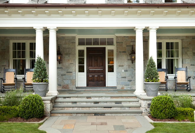 Front Porch. Traditional Porch. Front Porch with stone steps and floors. Front Porch #FrontPorch #porch #stonesteps #flooring #stonetiles T.S. Adams Studio. Interiors by Mary McWilliams from Mary Mac & Co.