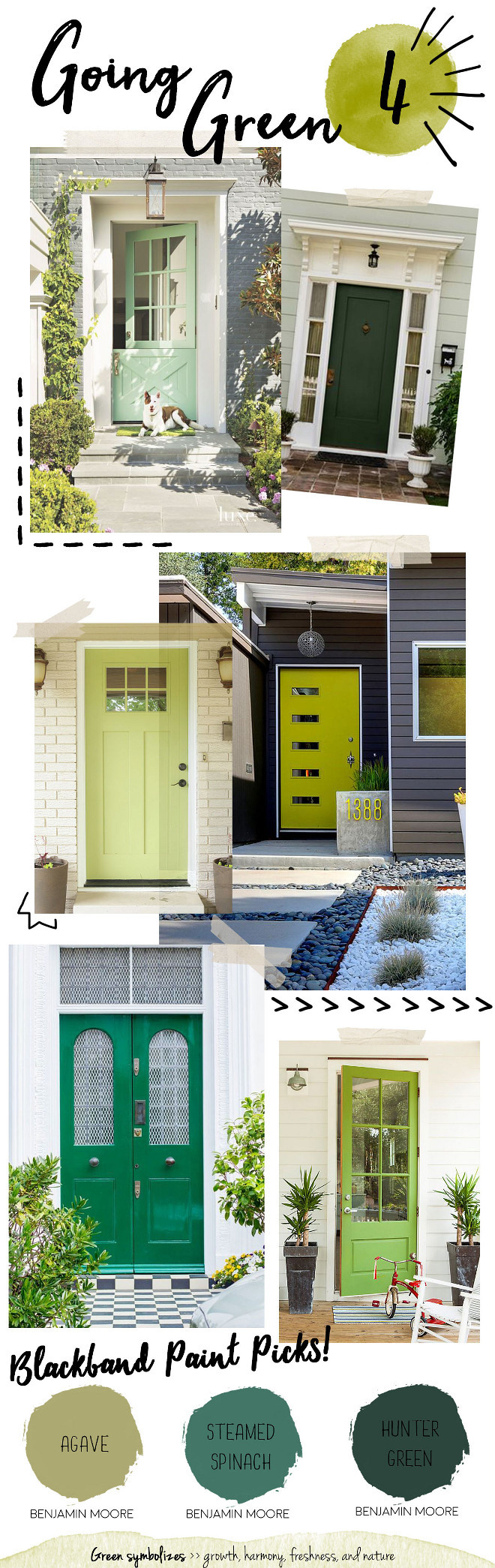 Green Door Paint Color ideas. Green Front Door Paint Color. Benjamin Moore Agave. Benjamin Moore Steamed Spinach. Benjamin Moore Hunter Green. The color green has great healing power and it is the most restful color for the eyes. It’s a refreshing color with a natural balance of cool and warm undertones making it easy to pair with a variety of different home styles. #BenjaminMooreAgave #BenjaminMooreSteamedSpinach #BenjaminMooreHunterGreen