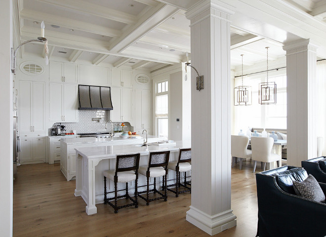 Kitchen. Featuring coffered ceiling over white shaker cabinets, that go all the way up to the ceiling, and white marble countertops, this kitchen is truly a dream! #kitchen #cofferedceiling #cabinetsuptotheceiling tallcabinets #dreamkitchen 