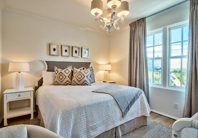 Neutral Bedroom. Neutral bedroom with White Lacquered Chandelier. White Lacquered Chandelier is by Barbara Cossgrove. Scenic Sotheby's Realty. Interiors by Jan Ware Designs.