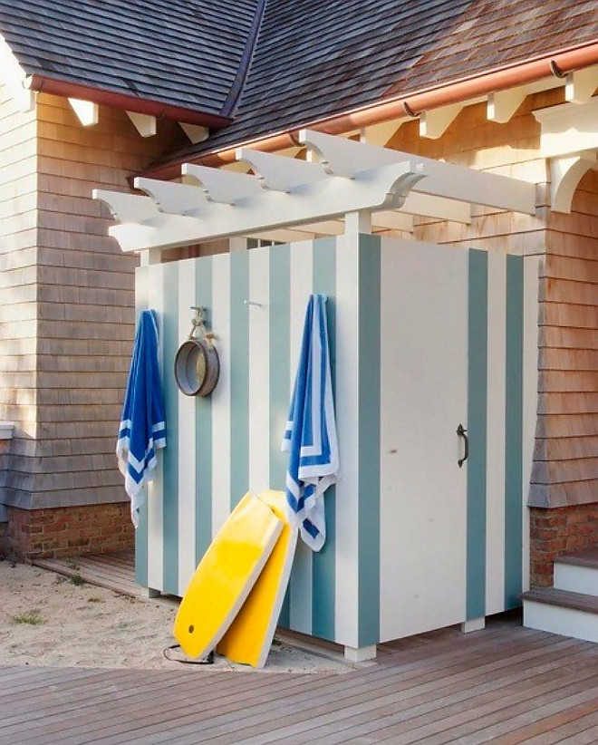 Outdoor Shower. Stripped Outdoor shower painted in Farrow and Ball Dix Blue and Benjamin Moore Decorator's White. #FarrowandBallDixBlue #BenjaminMooreDecoratorsWhite Tory Haynes.