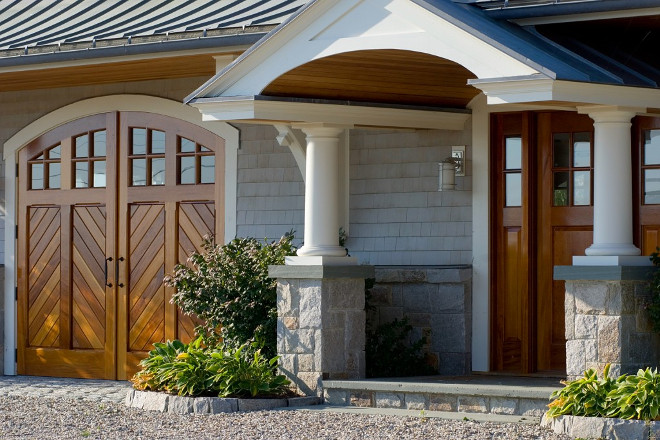Stone and shingle exterior. Home exterior with natural wood doors and Stone and shingles. Stone and shingle exterior #Stoneexterior #shingleexterior #stoneandshingle #homeexterior Bowley Builders