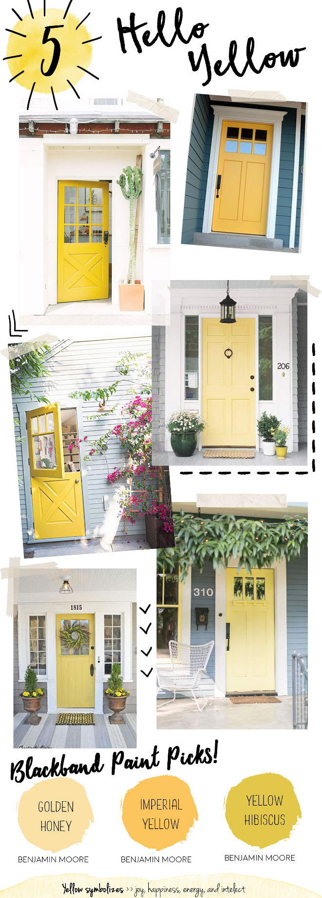 Yellow Door Paint Color. Yellow Front Door Paint Color. Benjamin Moore Golden Honey. Benjamin Moore Imperial Yellow. Benjamin Moore Yellow Hibiscus. Yellow is a cheerful way to welcome guests into your home. Representing the sun, a bright shade of yellow can bring happiness, warmth and energy to your front door. This color is best suited for exteriors with neutral tones like whites, grays, and shades of brown. #BenjaminMooreGoldenHoney #BenjaminMooreImperialYellow #BenjaminMooreYellowHibiscus