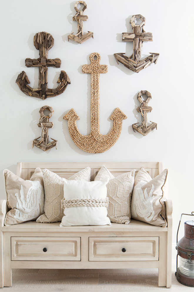 Anchors. Coastal Foyer with anchors on wall. Anchors of different sizes and material, such as rope, driftwood, reclaimed wood. #Anchors #Anchor #Foyer #Decor #Homedecor #rope #driftwood #reclaimedwood