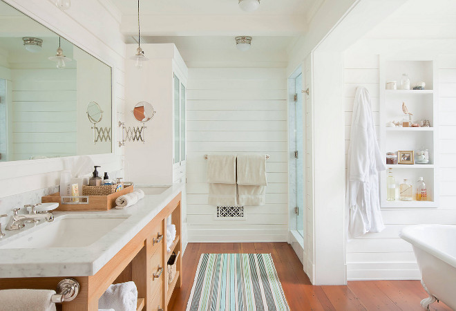 Bathroom shiplap. Bathroom horizontal shiplap. The walls are sheathed in horizontal wood boards. The basic white in the house is Martha Stewart Pith #8006, with Bright White H32 trim.