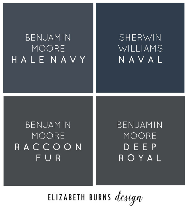 Best Navy Paint Colors. Benjamin Moore Hale Navy, Sherwin Williams Naval, Benjamin Moore Raccoon Fur, Benjamin Moore Deep Royal Via Elizabeth Burns Design.