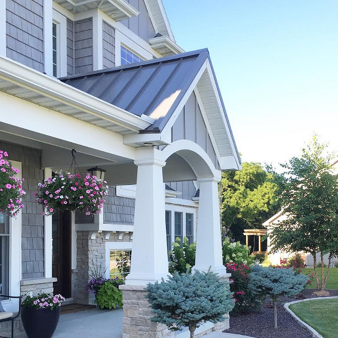 Home exterior. Porch. Front Porch with Portico. Home exterior. Porch. Front Porch with Portico, tappered column, grey shingles, grey stone, white trim #Homeexterior #Porch #FrontPorch #Portico #tapperedcolumn #greyshingles #greystone #whitetrim Beautiful Homes of Instagram carolineondesign