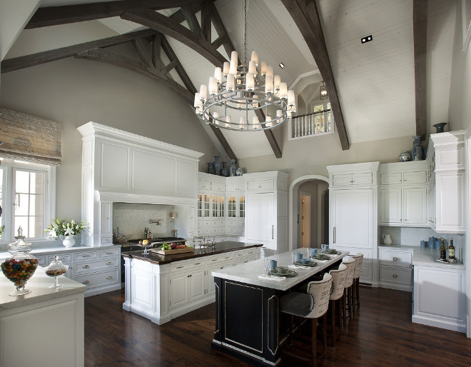 Kitchen cathedral ceiling and greywashed beams. Large kitchen with high Cathedral ceiling and exposed greywashed beams. Kitchen cathedral ceiling and greywashed ceiling beams #Kitchen #cathedralceiling #greywashed #ceiling #beams