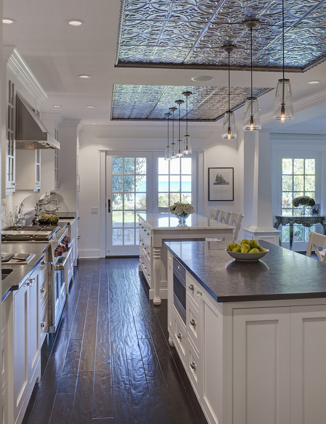 Kitchen ceiling design above island. Pressed tin tiles in kitchen. Tin ceiling tiles from the American tin ceiling company. Pattern #2 Silver Brushed Bronze. Kitchen ceiling design above island ideas. Kitchen ceiling design above island. #Kitchen #kitchenceiling #ceilingdesignaboveisland