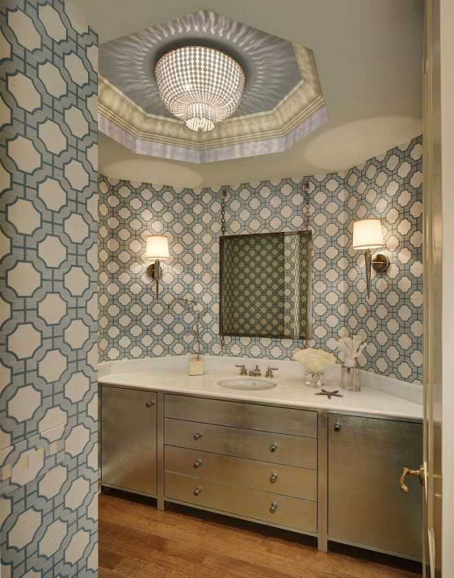 Phillip Jeffries imperial gates wall covering. Powder room with wallpaper. Wallpaper is Phillip Jeffries imperial gates wall covering. #Powderroom #wallpaper #wallcovering #PhillipJeffries #imperialgates