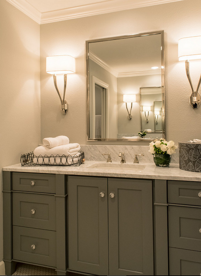 Small Bathroom Cabinet. Small Bathroom Cabinet. Small Bathroom Cabinet painted in grey and white carrara marble countertop. #SmallBathroomCabinet #SmallBathroom #BathroomCabinet #bathroom #cabinet BRADSHAW DESIGNS LLC