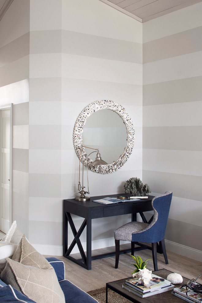 Striped Wall. Neutral Striped Wall Paint Color. The paint color here is Benjamin Moore Balboa Mist with 25 percent white added AND Benjamin Moore Balboa Mist at 100 percent pearl finish. That's what gives it the dimension. Stripes Wall. Neutral colors for Striped Wall #StripeWall #NeutralStripedWall #PaintColor #stripes #StripedWallIdeas #Neutralcolors StripeWall