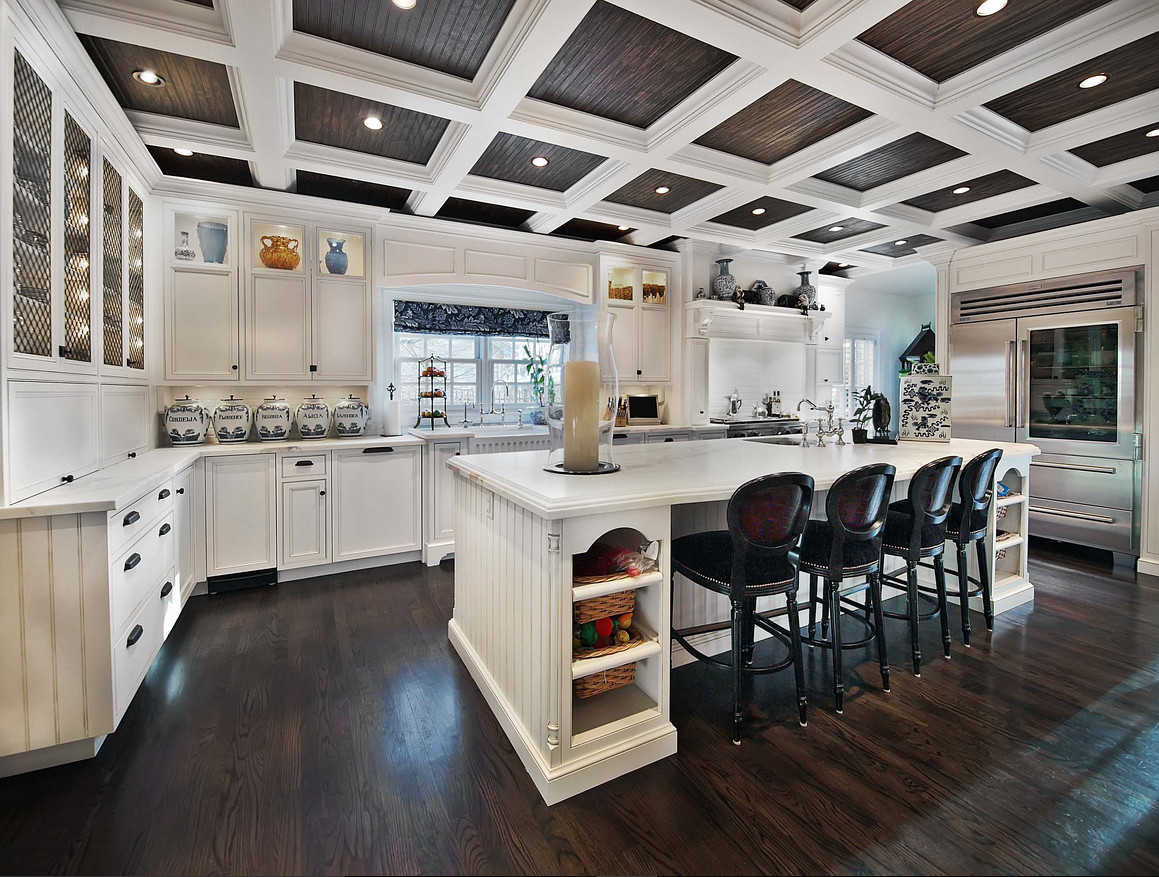 Kitchen coffered ceiling with dark stained beadboard paneling. Kitchen coffered ceiling with dark stained beadboard paneling. #Kitchen #cofferedceiling #darkstained #beadboardpaneling #beadboardceiling Teri Fotheringham Photography William Ohs