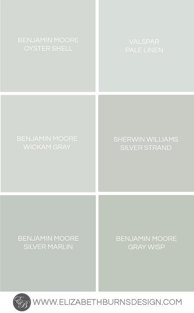 Top picks for gray-blue-green paints. Gray Blue Green Shades. BENJAMIN MOORE OYSTER SHELL. VALSPAR PALE LINEN, BENJAMIN MOORE WICKAM GRAY, SHERWIN WILLIAMS SILVER STRAND. BENJAMIN MOORE SILVER MARLIN, BENJAMIN MOORE GRAY WHISP