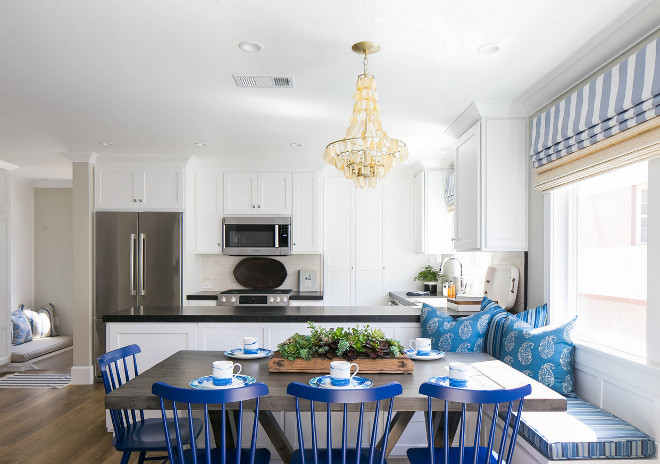 U-shaped Kitchen. U-shaped Kitchen with built in banquette on back of peninsula. U-shaped Kitchen with built in banquette. U shaped Kitchen with built in banquette on kitchen peninsula #UshapedKitchen #kitchen #builtinbanquette #kitchenpeninsula Brooke Wagner Design