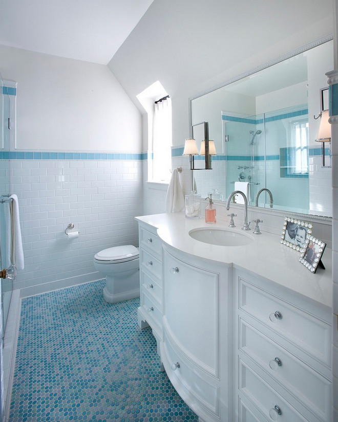 White bathroom with blue penny tile floor. Kids White bathroom with blue penny tile floor. White bathroom with blue penny tile floor #Whitebathroom #bluepennytilefloor #pennytilefloor #kidsbathroom #bathroom