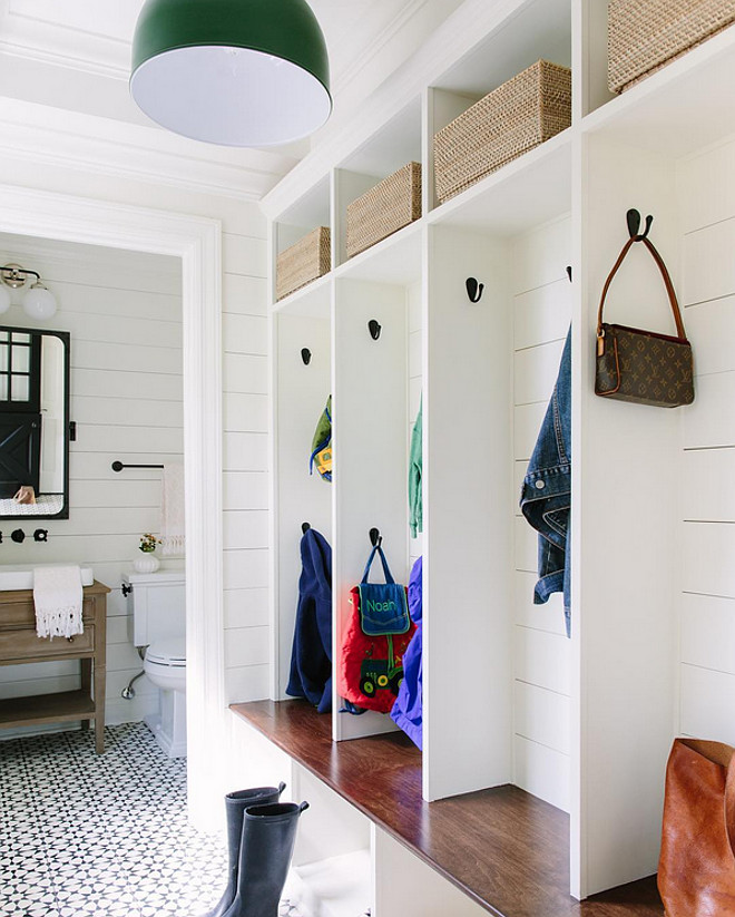 Bathroom off Mudroom. Most requested mudroom floor plan. A bathroom just off the mudroom, laundry room area. Functional and beautiful. #Mudroom #bathroom #bathroomoffmudroom #mudroomlayout #layout Kate Marker Interiorsbathroom-mudroom