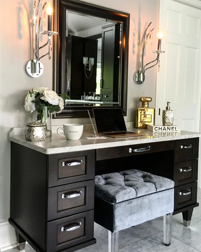 Bathroom Vanity. Makeup vanity Sconces are by Kichler #42929 in polished chrome. Beautiful Homes of Instagram Sumhouse_Sumwear