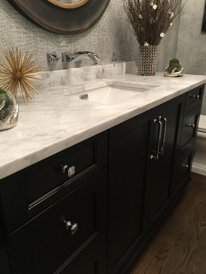 Bathroom white quartzite countertop. Vanity: Brookhaven Edgemont Recessed by Wood-Mode in Java. Hardware: Tob Knobs Emerald Knob pulls in Polished Chrome. Pulls: Chareau Collection Emerald Pull in Polished Chrome. Beautiful Homes of Instagram Sumhouse_Sumwear